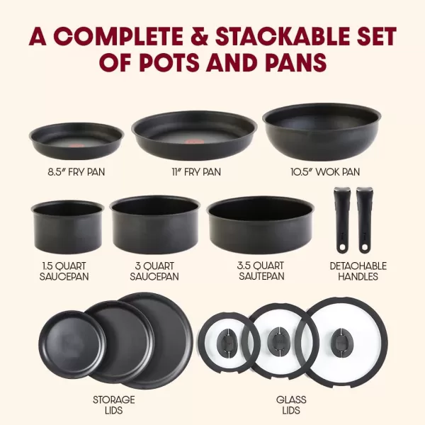 T-fal Ingenio Nonstick Cookware Set 14 Piece, Induction, Oven Broiler Safe 500F, Cookware, Pots and Pans, RV, Camping, Oven, Broil, Dishwasher Safe, Detachable Handle, Cherry Red
