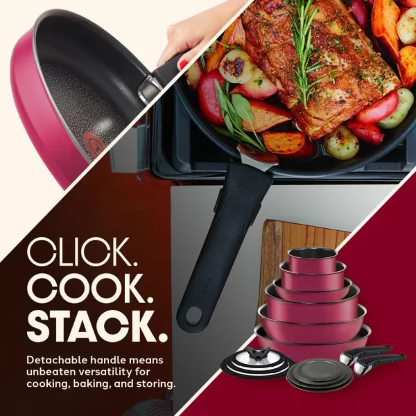T-fal Ingenio Nonstick Cookware Set 14 Piece, Induction, Oven Broiler Safe 500F, Cookware, Pots and Pans, RV, Camping, Oven, Broil, Dishwasher Safe, Detachable Handle, Cherry Red