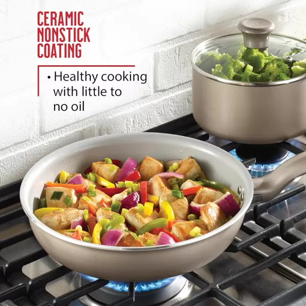 T-fal Initiatives Ceramic Nonstick Cookware Set 14 Piece Oven Safe 350F Pots and Pans Gold