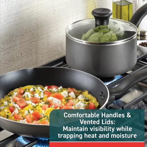 T-fal Initiatives Nonstick Cookware Set 18 Piece Oven Safe 350F Pots and Pans, Dishwasher Safe Red