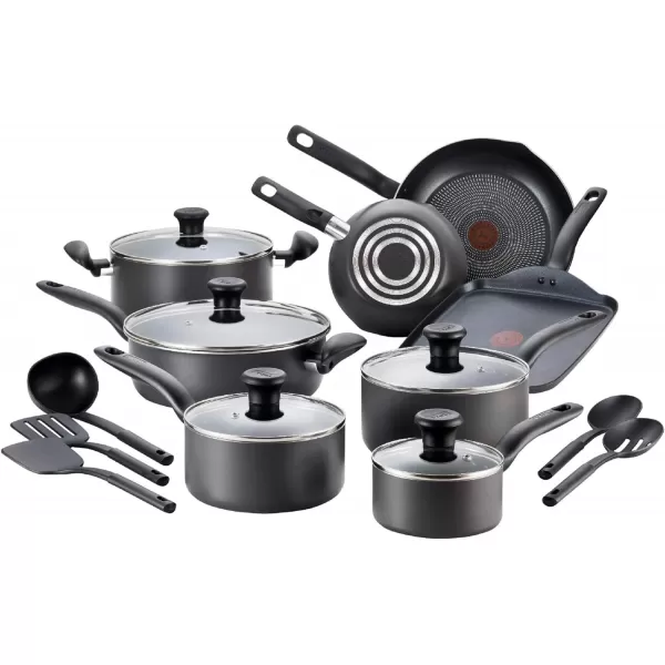 T-fal Initiatives Nonstick Cookware Set 18 Piece Oven Safe 350F Pots and Pans, Dishwasher Safe Red