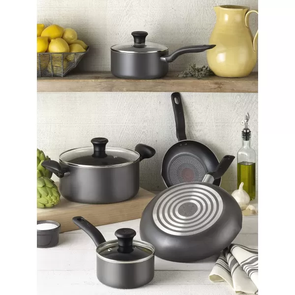 T-fal Initiatives Nonstick Cookware Set 18 Piece Oven Safe 350F Pots and Pans, Dishwasher Safe Red