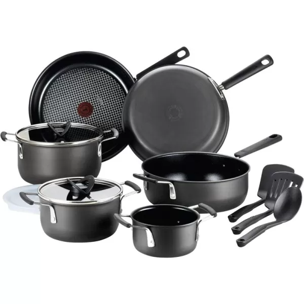 T-fal All In One Hard Anodized Nonstick Cookware Set 12 Piece Pots and Pans, Dishwasher Safe Black