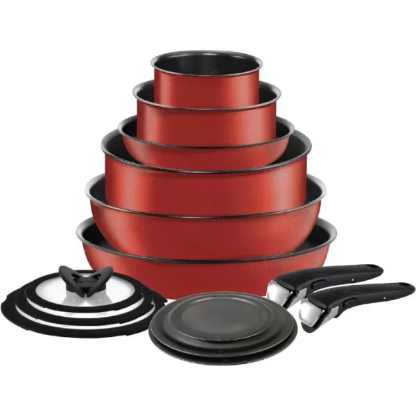 T-fal Ingenio Nonstick Cookware Set 14 Piece, Induction, Oven Broiler Safe 500F, Cookware, Pots and Pans, RV, Camping, Oven, Broil, Dishwasher Safe, Detachable Handle, Cherry Red