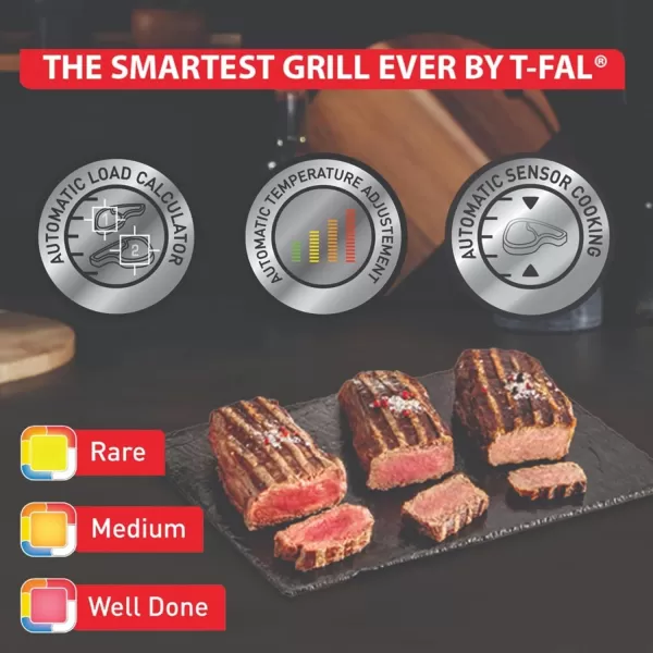 T-fal, Electric Grill, OptiGrill 4in1, Stainless Steel, 9 Automatic Cooking Modes, Intelligent Grilling Rare to Well-Done, 1800 Watts, Nonstick Removable Plates, Dishwasher Safe, Indoor, Silver