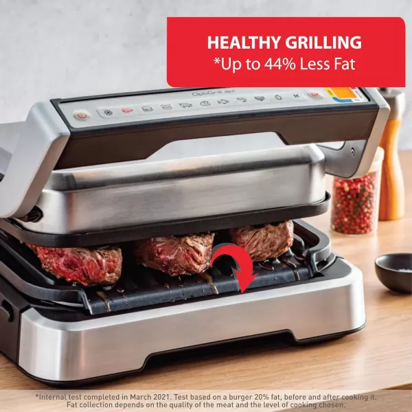 T-fal, Electric Grill, OptiGrill 4in1, Stainless Steel, 9 Automatic Cooking Modes, Intelligent Grilling Rare to Well-Done, 1800 Watts, Nonstick Removable Plates, Dishwasher Safe, Indoor, Silver