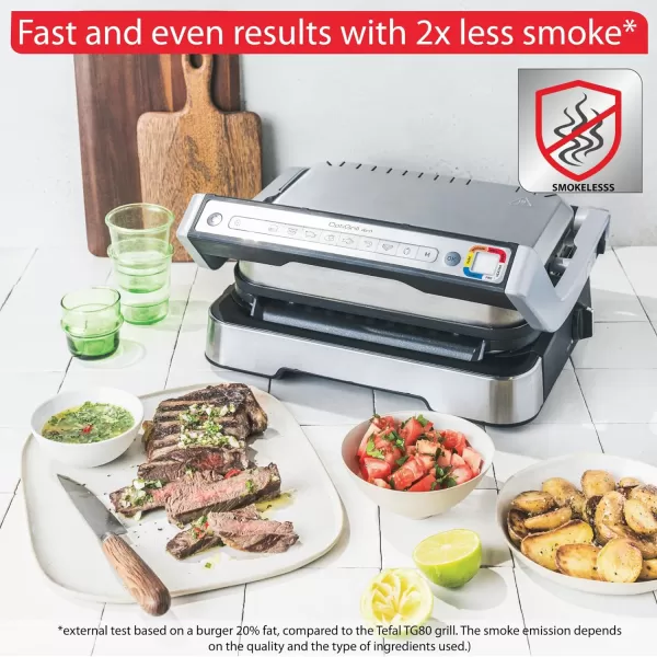 T-fal, Electric Grill, OptiGrill 4in1, Stainless Steel, 9 Automatic Cooking Modes, Intelligent Grilling Rare to Well-Done, 1800 Watts, Nonstick Removable Plates, Dishwasher Safe, Indoor, Silver