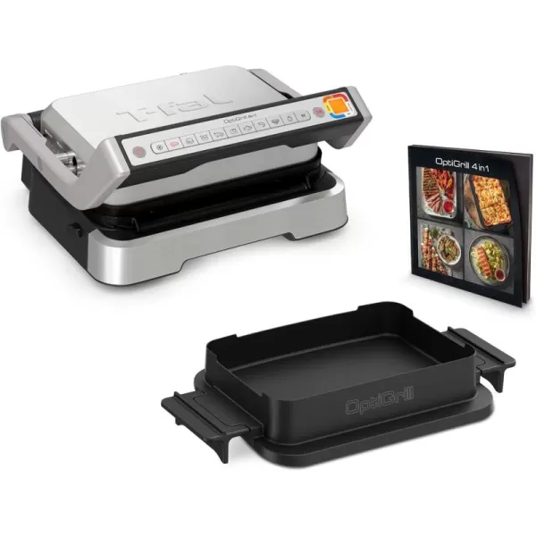 T-fal, Electric Grill, OptiGrill 4in1, Stainless Steel, 9 Automatic Cooking Modes, Intelligent Grilling Rare to Well-Done, 1800 Watts, Nonstick Removable Plates, Dishwasher Safe, Indoor, Silver