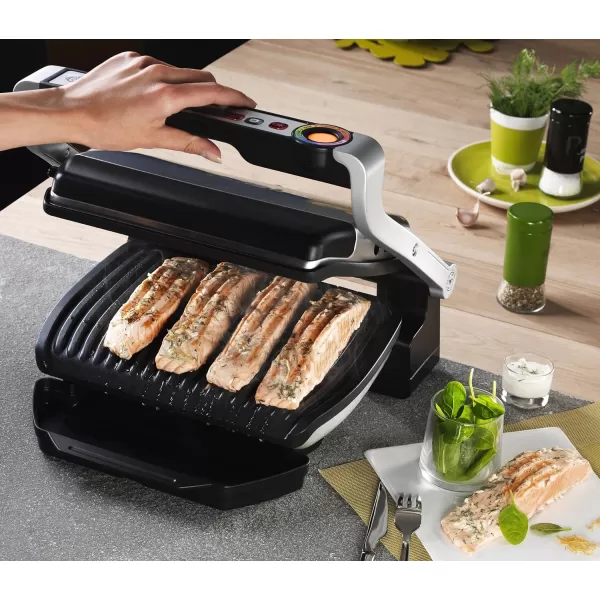 T-Fal OptiGrill Stainless Steel XL Electric Grill 6 Servings 9 Intelligent Automatic Cooking Modes 1800 Watts Nonstick Removable Plates, Dishwasher Safe, Indoor, Frozen Food
