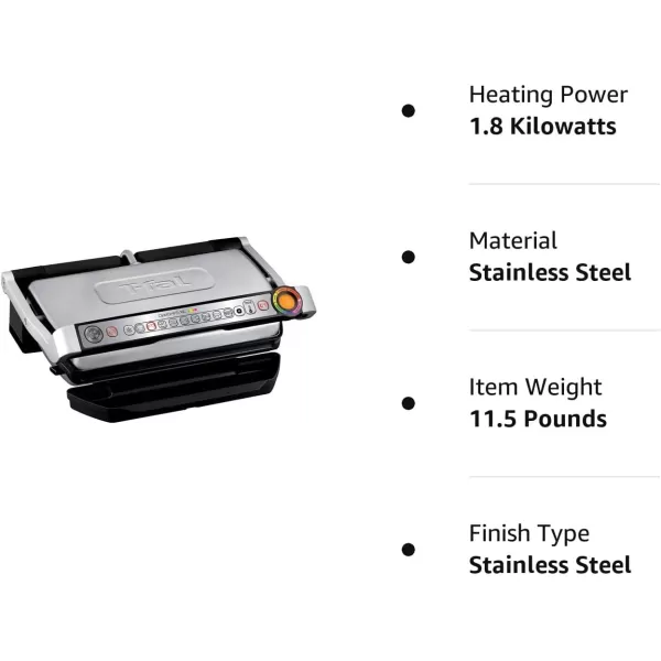 T-Fal OptiGrill Stainless Steel XL Electric Grill 6 Servings 9 Intelligent Automatic Cooking Modes 1800 Watts Nonstick Removable Plates, Dishwasher Safe, Indoor, Frozen Food