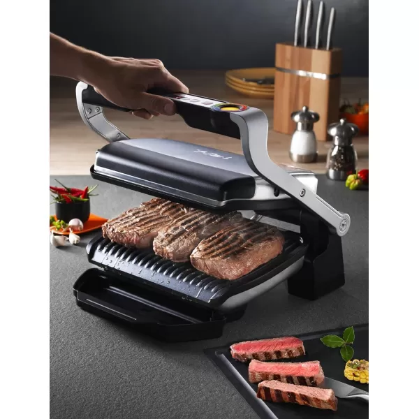 T-Fal OptiGrill Stainless Steel XL Electric Grill 6 Servings 9 Intelligent Automatic Cooking Modes 1800 Watts Nonstick Removable Plates, Dishwasher Safe, Indoor, Frozen Food