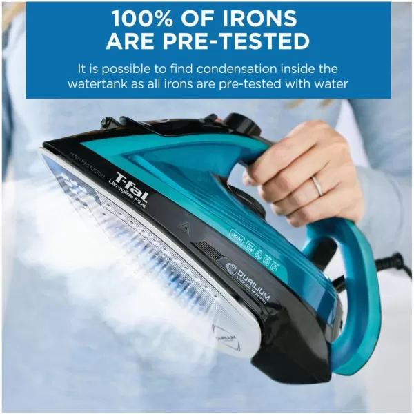 T-Fal Ultraglide Steam Iron for Clothes Durilium Soleplate, Precision Tip, Anti-Drip, Auto-Off 1800 Watts Ironing, Steaming FV5841U0, Teal
