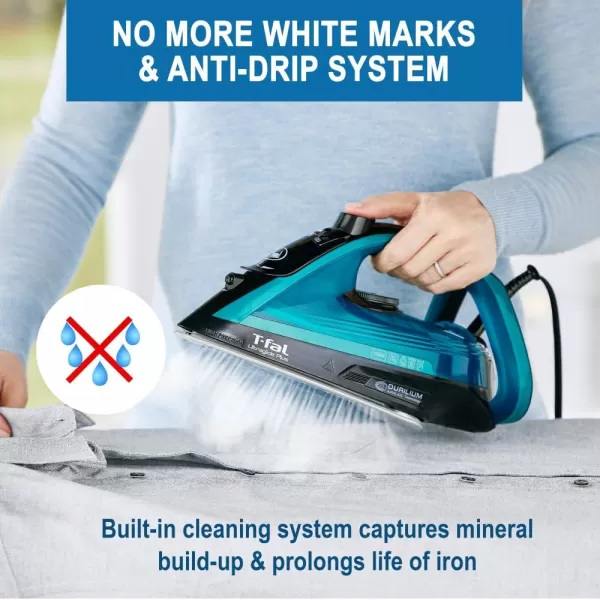 T-Fal Ultraglide Steam Iron for Clothes Durilium Soleplate, Precision Tip, Anti-Drip, Auto-Off 1800 Watts Ironing, Steaming FV5841U0, Teal