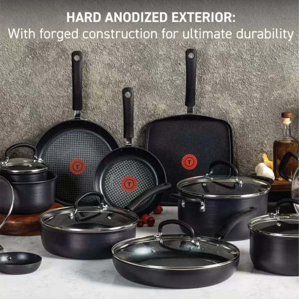 T-fal Ultimate Hard Anodized Nonstick Cookware Set 14 Piece, Oven Broiler Safe 400F, Lid Safe 350F, Kitchen Cooking Set w/ Fry Pans, Saucepans, Griddle, Dutch Oven, Pots &amp; Pans, Dishwasher Safe, Black