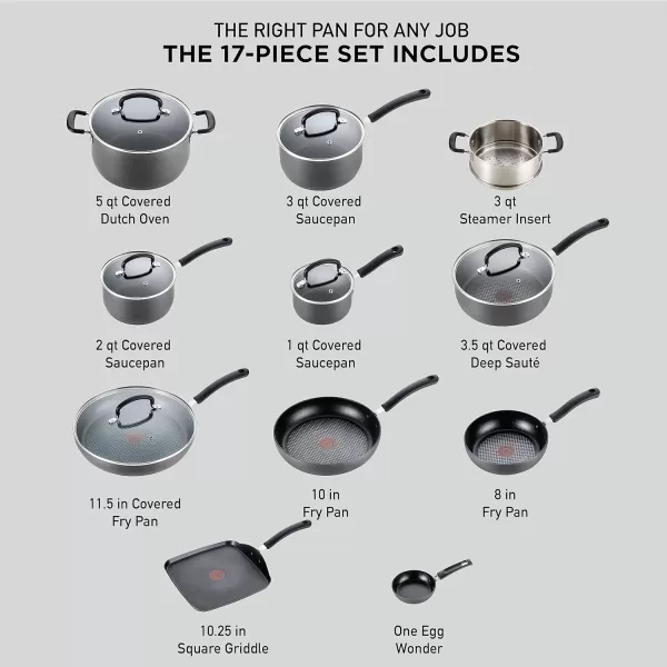 T-fal Ultimate Hard Anodized Nonstick Cookware Set 14 Piece, Oven Broiler Safe 400F, Lid Safe 350F, Kitchen Cooking Set w/ Fry Pans, Saucepans, Griddle, Dutch Oven, Pots &amp; Pans, Dishwasher Safe, Black