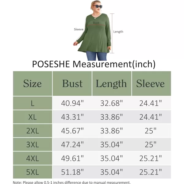 POSESHE Plus Size Tunic Tops Women L-5X Long Sleeve Button Basic Loose Tee Shirts Casual Flowy Swing V Neck Blouse T-Shirt