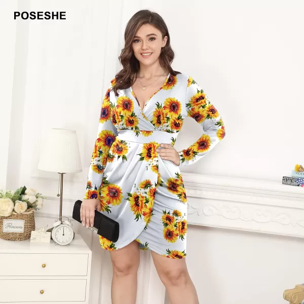 POSESHE Womens Plus Size Dress Sleeveless &amp; Long Sleeve Deep V Neck Bodycon Wrap Dress with Front Slit