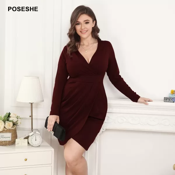 POSESHE Womens Plus Size Dress Sleeveless &amp; Long Sleeve Deep V Neck Bodycon Wrap Dress with Front Slit
