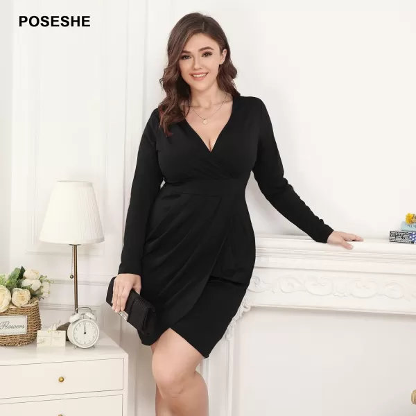 POSESHE Womens Plus Size Dress Sleeveless &amp; Long Sleeve Deep V Neck Bodycon Wrap Dress with Front Slit