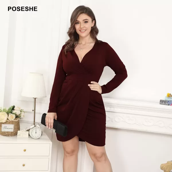 POSESHE Womens Plus Size Dress Sleeveless &amp; Long Sleeve Deep V Neck Bodycon Wrap Dress with Front Slit