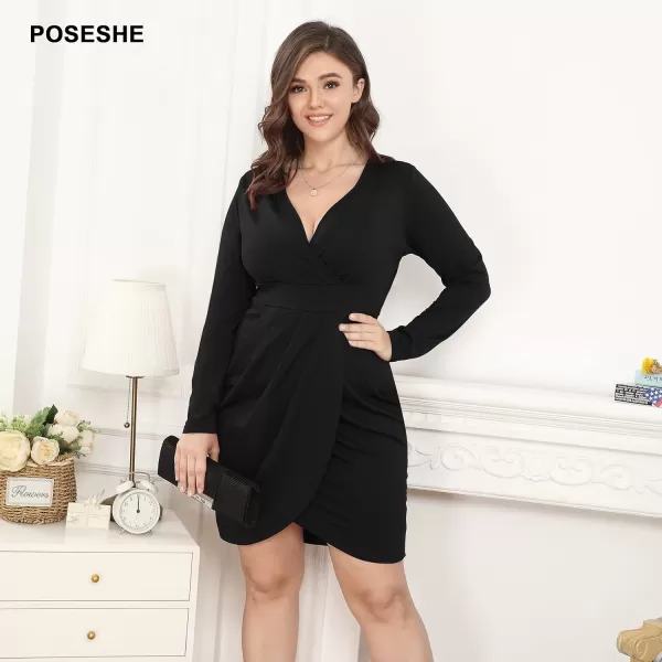 POSESHE Womens Plus Size Dress Sleeveless &amp; Long Sleeve Deep V Neck Bodycon Wrap Dress with Front Slit