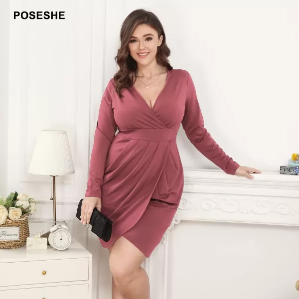POSESHE Womens Plus Size Dress Sleeveless &amp; Long Sleeve Deep V Neck Bodycon Wrap Dress with Front Slit