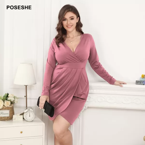 POSESHE Womens Plus Size Dress Sleeveless &amp; Long Sleeve Deep V Neck Bodycon Wrap Dress with Front Slit