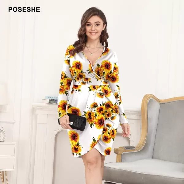 POSESHE Womens Plus Size Dress Sleeveless &amp; Long Sleeve Deep V Neck Bodycon Wrap Dress with Front Slit