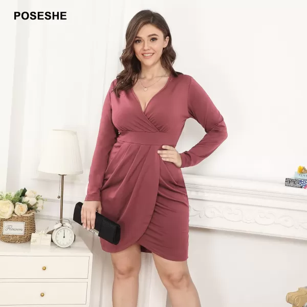 POSESHE Womens Plus Size Dress Sleeveless &amp; Long Sleeve Deep V Neck Bodycon Wrap Dress with Front Slit