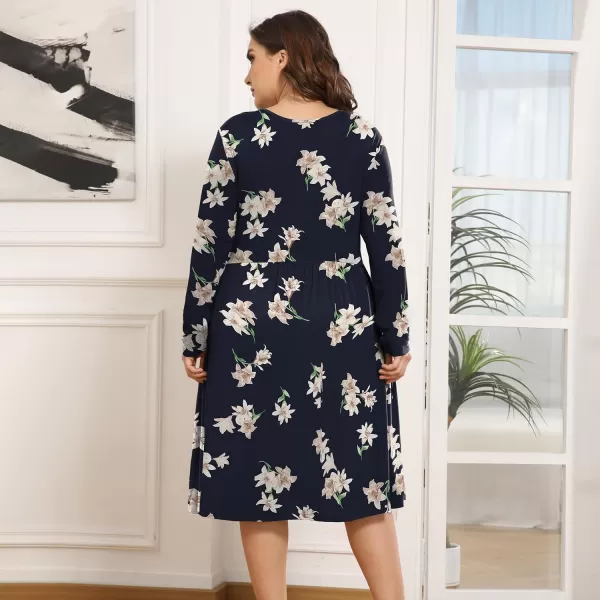 POSESHE Women's Plus Size Dresses Long Sleeves Crew Neck Casual Dresses Empire Waist Loose Flowy Dress with Pockets