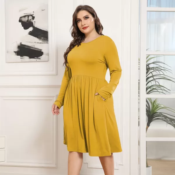 POSESHE Women's Plus Size Dresses Long Sleeves Crew Neck Casual Dresses Empire Waist Loose Flowy Dress with Pockets