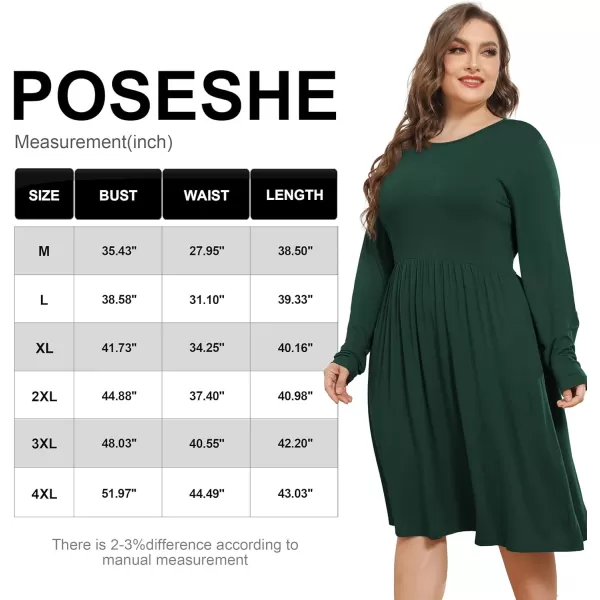POSESHE Women's Plus Size Dresses Long Sleeves Crew Neck Casual Dresses Empire Waist Loose Flowy Dress with Pockets