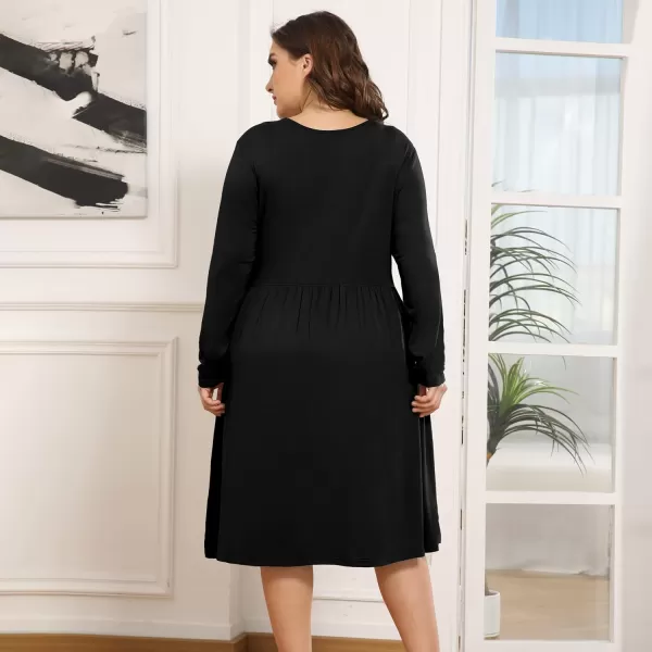 POSESHE Women's Plus Size Dresses Long Sleeves Crew Neck Casual Dresses Empire Waist Loose Flowy Dress with Pockets