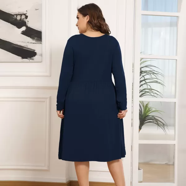 POSESHE Women's Plus Size Dresses Long Sleeves Crew Neck Casual Dresses Empire Waist Loose Flowy Dress with Pockets