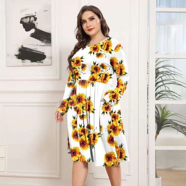 POSESHE Women's Plus Size Dresses Long Sleeves Crew Neck Casual Dresses Empire Waist Loose Flowy Dress with Pockets