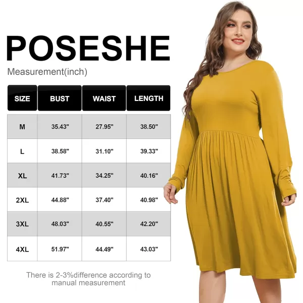 POSESHE Women's Plus Size Dresses Long Sleeves Crew Neck Casual Dresses Empire Waist Loose Flowy Dress with Pockets