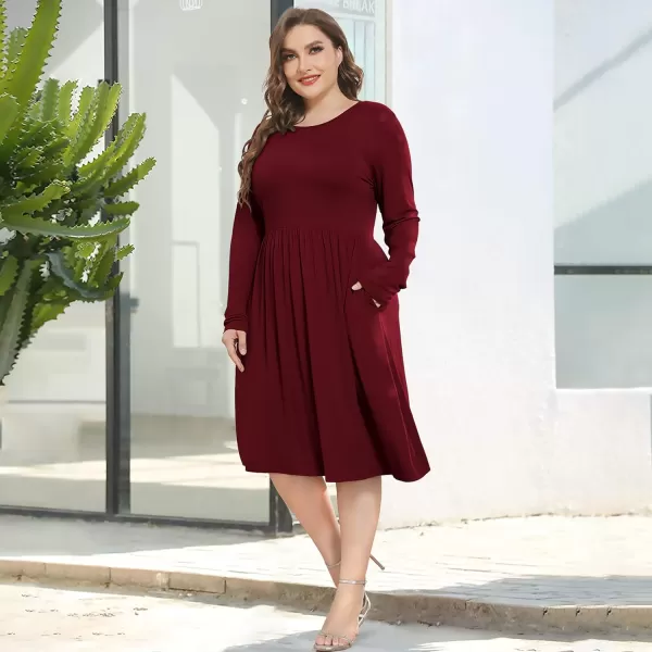POSESHE Women's Plus Size Dresses Long Sleeves Crew Neck Casual Dresses Empire Waist Loose Flowy Dress with Pockets