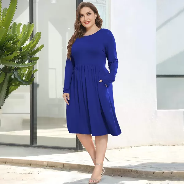 POSESHE Women's Plus Size Dresses Long Sleeves Crew Neck Casual Dresses Empire Waist Loose Flowy Dress with Pockets