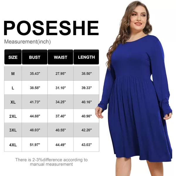 POSESHE Women's Plus Size Dresses Long Sleeves Crew Neck Casual Dresses Empire Waist Loose Flowy Dress with Pockets