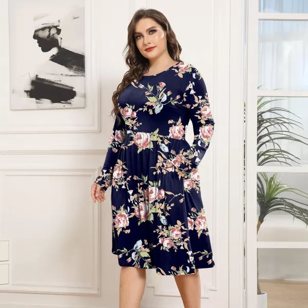 POSESHE Women's Plus Size Dresses Long Sleeves Crew Neck Casual Dresses Empire Waist Loose Flowy Dress with Pockets