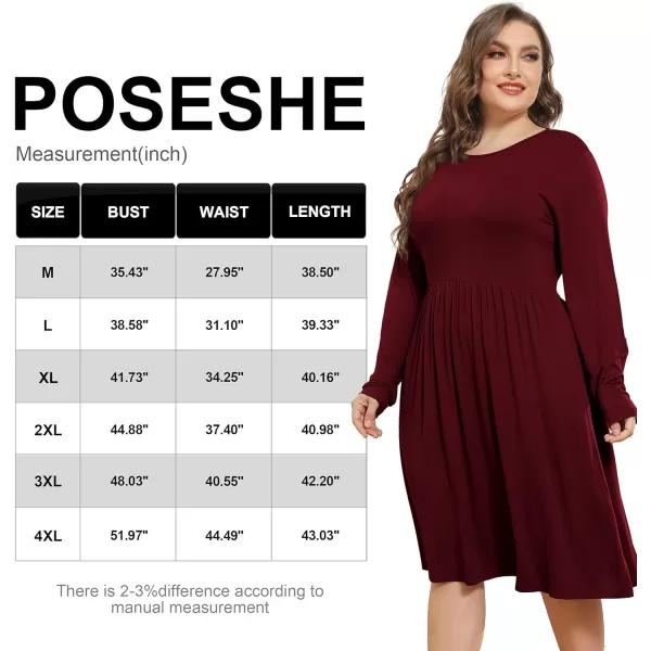 POSESHE Women's Plus Size Dresses Long Sleeves Crew Neck Casual Dresses Empire Waist Loose Flowy Dress with Pockets
