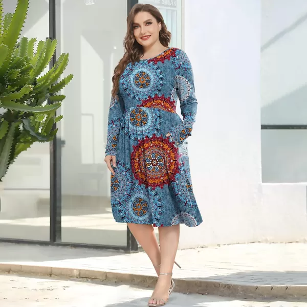 POSESHE Women's Plus Size Dresses Long Sleeves Crew Neck Casual Dresses Empire Waist Loose Flowy Dress with Pockets