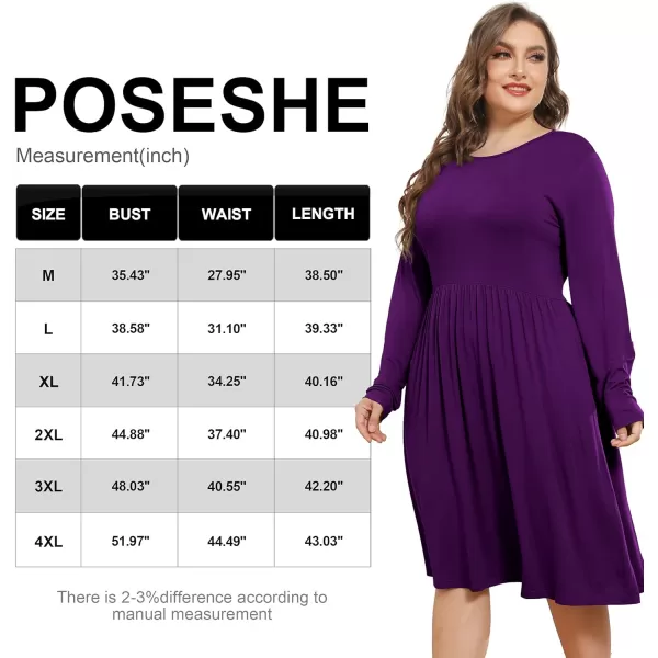 POSESHE Women's Plus Size Dresses Long Sleeves Crew Neck Casual Dresses Empire Waist Loose Flowy Dress with Pockets
