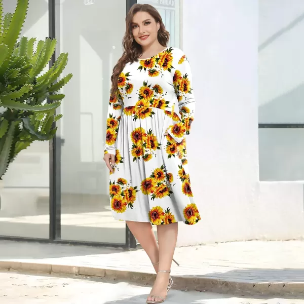 POSESHE Women's Plus Size Dresses Long Sleeves Crew Neck Casual Dresses Empire Waist Loose Flowy Dress with Pockets