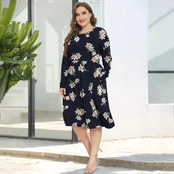 POSESHE Women's Plus Size Dresses Long Sleeves Crew Neck Casual Dresses Empire Waist Loose Flowy Dress with Pockets
