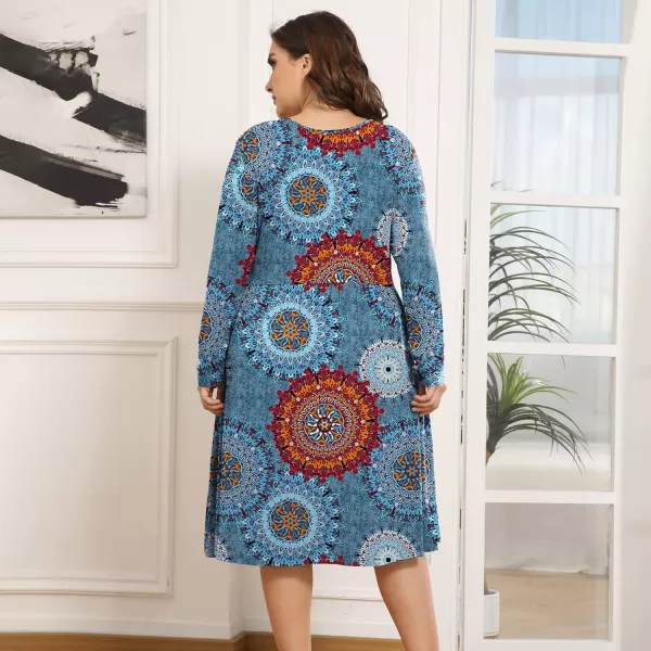 POSESHE Women's Plus Size Dresses Long Sleeves Crew Neck Casual Dresses Empire Waist Loose Flowy Dress with Pockets
