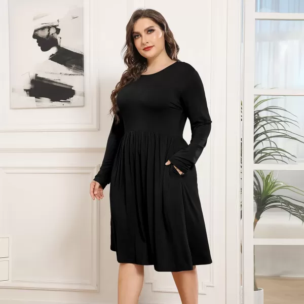 POSESHE Women's Plus Size Dresses Long Sleeves Crew Neck Casual Dresses Empire Waist Loose Flowy Dress with Pockets