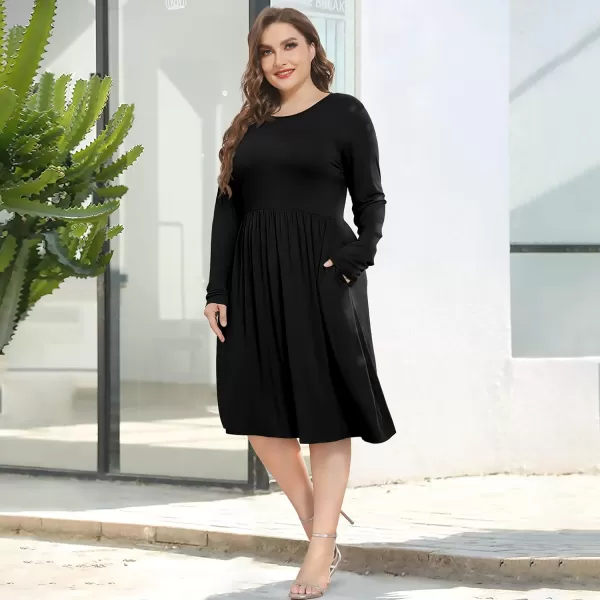 POSESHE Women's Plus Size Dresses Long Sleeves Crew Neck Casual Dresses Empire Waist Loose Flowy Dress with Pockets