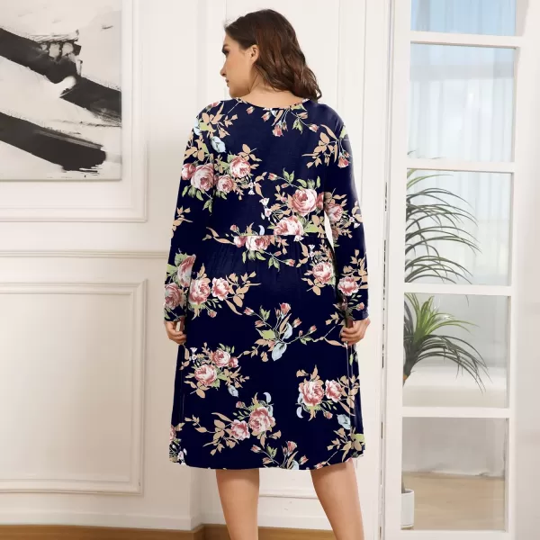 POSESHE Women's Plus Size Dresses Long Sleeves Crew Neck Casual Dresses Empire Waist Loose Flowy Dress with Pockets