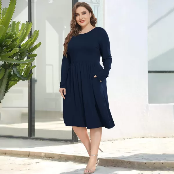 POSESHE Women's Plus Size Dresses Long Sleeves Crew Neck Casual Dresses Empire Waist Loose Flowy Dress with Pockets